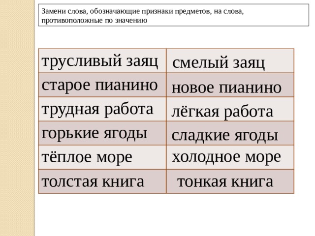 Замени слова, обозначающие признаки предметов, на слова, противоположные по значению смелый заяц трусливый заяц старое пианино трудная работа горькие ягоды тёплое море толстая книга новое пианино лёгкая работа сладкие ягоды холодное море тонкая книга 