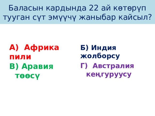 Баласын кардында 22 ай көтөрүп тууган сүт эмүүчү жаныбар кайсыл? А) Африка пили Б) Индия жолборсу В) Аравия төөсү Г) Австралия кеңгуруусу 