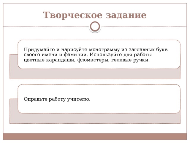 Творческое задание Придумайте и нарисуйте монограмму из заглавных букв своего имени и фамилии. Используйте для работы цветные карандаши, фломастеры, гелевые ручки. Оправьте работу учителю. 