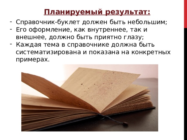 Планируемый результат: Справочник-буклет должен быть небольшим; Его оформление, как внутреннее, так и внешнее, должно быть приятно глазу; Каждая тема в справочнике должна быть систематизирована и показана на конкретных примерах. 