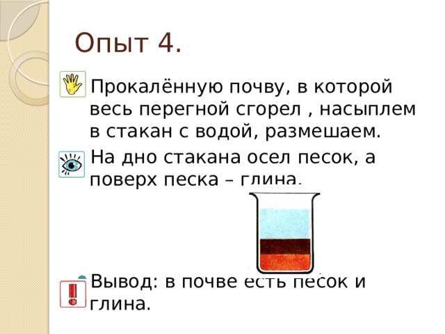 Опыт 4. Прокалённую почву, в которой весь перегной сгорел , насыплем в стакан с водой, размешаем. На дно стакана осел песок, а поверх песка – глина. Вывод: в почве есть песок и глина. 