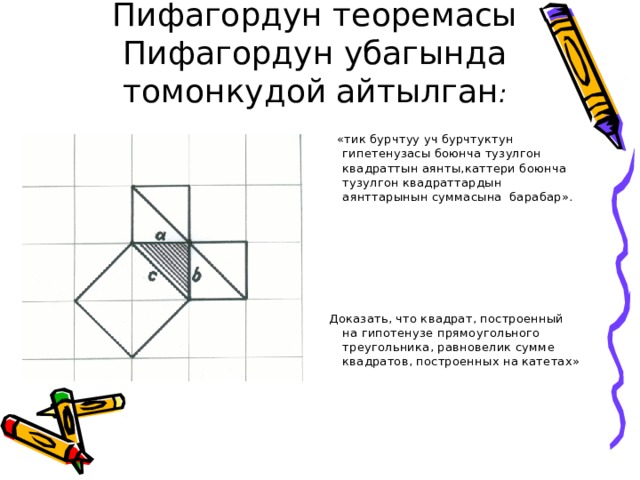 Пифагордун теоремасы Пифагордун убагында томонкудой айтылган :  «тик бурчтуу уч бурчтуктун гипетенузасы боюнча тузулгон квадраттын аянты,каттери боюнча тузулгон квадраттардын аянттарынын суммасына барабар». Доказать, что квадрат, построенный на гипотенузе прямоугольного треугольника, равновелик сумме квадратов, построенных на катетах»