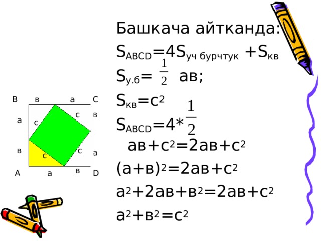 Башкача айтканда: S ABCD =4S уч бурчтук + S кв S у.б = ав;  S кв =c 2 S ABCD =4* ав+с 2 =2ав+с 2 (а+в) 2 =2ав+с 2 а 2 +2ав+в 2 =2ав+с 2 а 2 +в 2 =с 2 В С в а c в а с c с с с в c а c в D А а