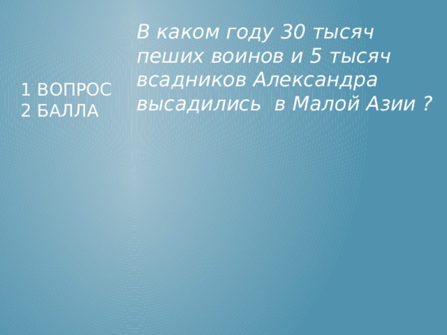 В каком году 30 тысяч пеших воинов и 5 тысяч всадников Александра высадились в Малой Азии ? 1 вопрос  2 балла 