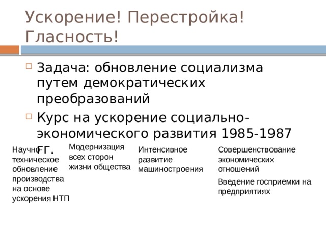 Ускорение! Перестройка! Гласность! Задача: обновление социализма путем демократических преобразований Курс на ускорение социально-экономического развития 1985-1987 гг. Модернизация всех сторон жизни общества Интенсивное развитие машиностроения Совершенствование экономических отношений Введение госприемки на предприятиях Научно-техническое обновление производства на основе ускорения НТП 