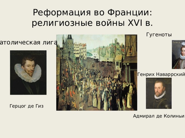 Реформация во Франции: религиозные войны XVI в. Гугеноты Католическая лига Генрих Наваррский Герцог де Гиз Адмирал де Колиньи 