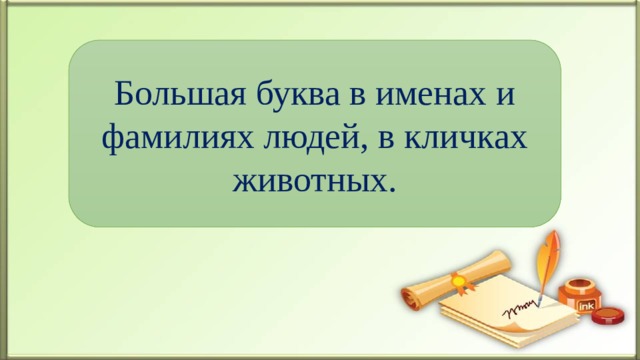 Большая буква в именах и фамилиях людей, в кличках животных. 