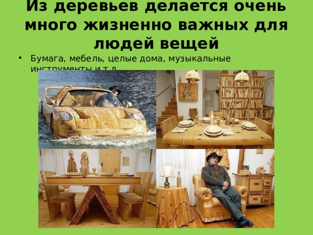 Из деревьев делается очень много жизненно важных для людей вещей Бумага, мебель, целые дома, музыкальные инструменты и т.д. 