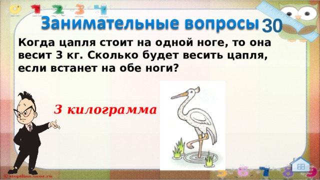 30 Когда цапля стоит на одной ноге, то она весит 3 кг. Сколько будет весить цапля, если встанет на обе ноги? 3 килограмма  