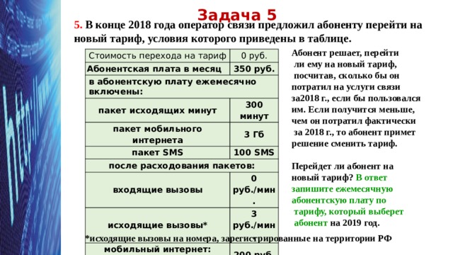 Задача 5 5. В конце 2018 года оператор связи предложил абоненту перейти на новый тариф, условия которого приведены в таблице. Абонент решает, перейти  ли ему на новый тариф,  посчитав, сколько бы он потратил на услуги связи за2018 г., если бы пользовался им. Если получится меньше, чем он потратил фактически  за 2018 г., то абонент примет решение сменить тариф.  Перейдет ли абонент на новый тариф? В ответ запишите ежемесячную абонентскую плату по  тарифу, который выберет  абонент на 2019 год.  Стоимость перехода на тариф 0 руб. Абонентская плата в месяц в абонентскую плату ежемесячно включены: 350 руб. пакет исходящих минут пакет мобильного интернета 300 минут пакет SMS 3 Гб 100 SMS после расходования пакетов: входящие вызовы 0 руб./мин. исходящие вызовы* мобильный интернет: дополнительные пакеты по 1 Гб интернет 3 руб./мин. 200 руб. за пакет SMS 2 руб./шт. *исходящие вызовы на номера, зарегистрированные на территории РФ 