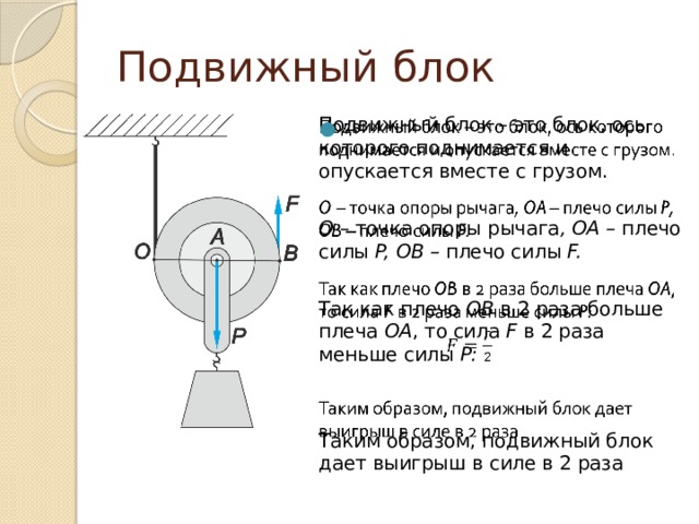 Подвижный блок Подвижный блок – это блок, ось которого поднимается и опускается вместе с грузом.   O – точка опоры рычага , OA – плечо  силы P, OB – плечо силы F.  Так как плечо OB в 2 раза больше плеча OA , то сила F в 2 раза меньше силы P:  Таким образом, подвижный блок дает выигрыш в силе в 2 раза 