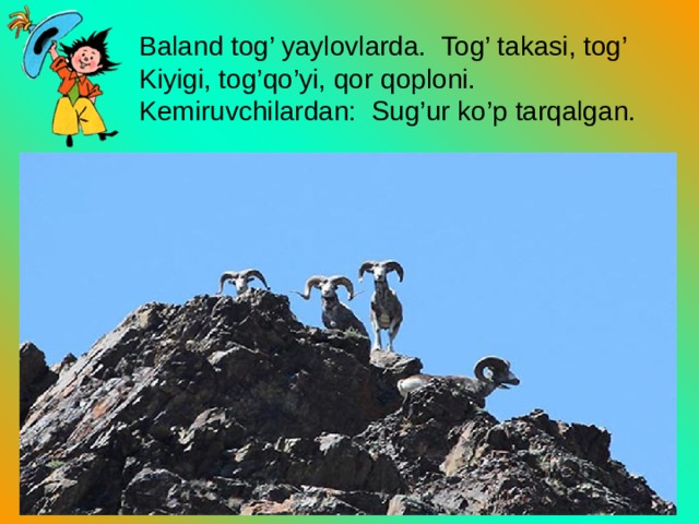 Baland tog’ yaylovlarda. Tog’ takasi, tog’ Kiyigi, tog’qo’yi, qor qoploni. Kemiruvchilardan: Sug’ur ko’p tarqalgan. 