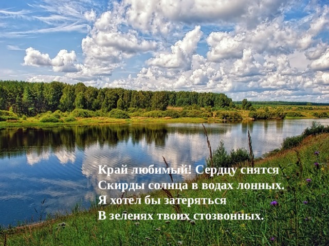 Край любимый! Сердцу снятся  Скирды солнца в водах лонных.  Я хотел бы затеряться  В зеленях твоих стозвонных.   
