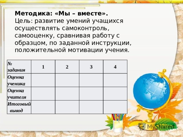 Методика: «Мы – вместе».  Цель: развитие умений учащихся осуществлять самоконтроль, самооценку, сравнивая работу с образцом, по заданной инструкции, положительной мотивации учения.      № задания Оценка ученика 1 Оценка учителя 2   Итоговый вывод 3       4                 № задания Оценка ученика 1 Оценка учителя 2   Итоговый вывод 3       4                 