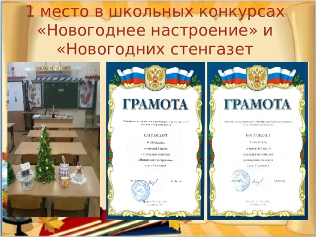1 место в школьных конкурсах «Новогоднее настроение» и «Новогодних стенгазет 