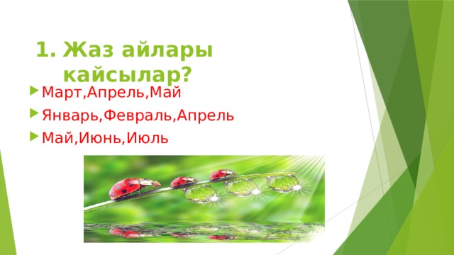 Жаз айлары кайсылар? Март,Апрель,Май Январь,Февраль,Апрель Май,Июнь,Июль 
