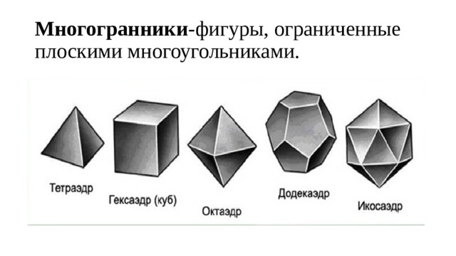Многогранники -фигуры, ограниченные плоскими многоугольниками. 