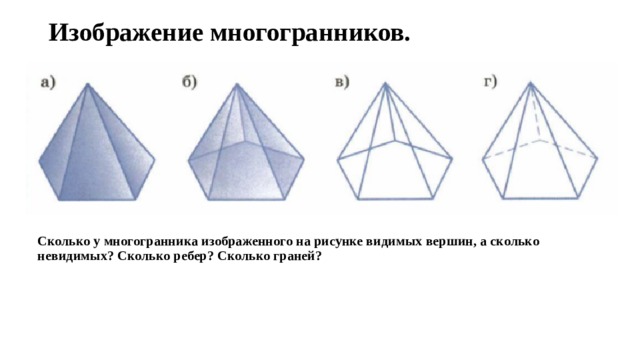 Изображение многогранников. Сколько у многогранника изображенного на рисунке видимых вершин, а сколько невидимых? Сколько ребер? Сколько граней? 