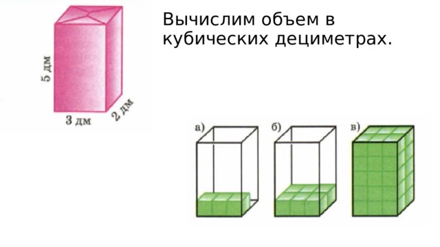 Вычислим объем в кубических дециметрах. 