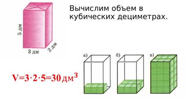 Вычислим объем в кубических дециметрах. 