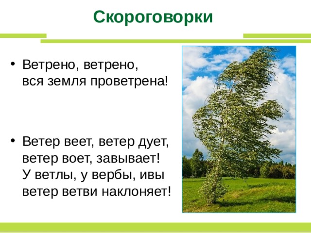 Скороговорки Ветрено, ветрено, вся земля проветрена!   Ветер веет, ветер дует, ветер воет, завывает! У ветлы, у вербы, ивы ветер ветви наклоняет! 
