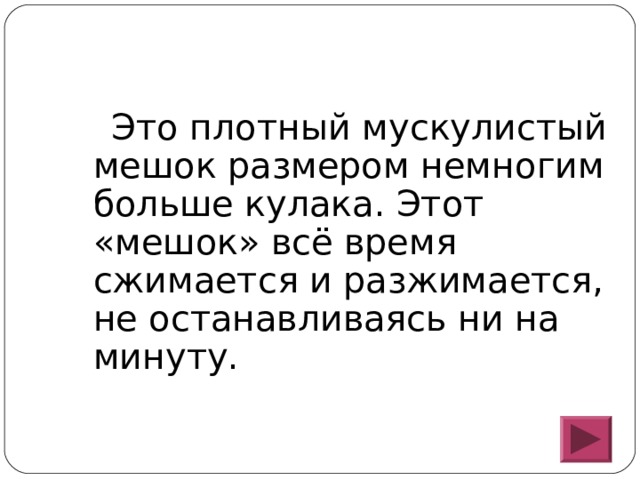  Это плотный мускулистый мешок размером немногим больше кулака. Этот «мешок» всё время сжимается и разжимается, не останавливаясь ни на минуту. 