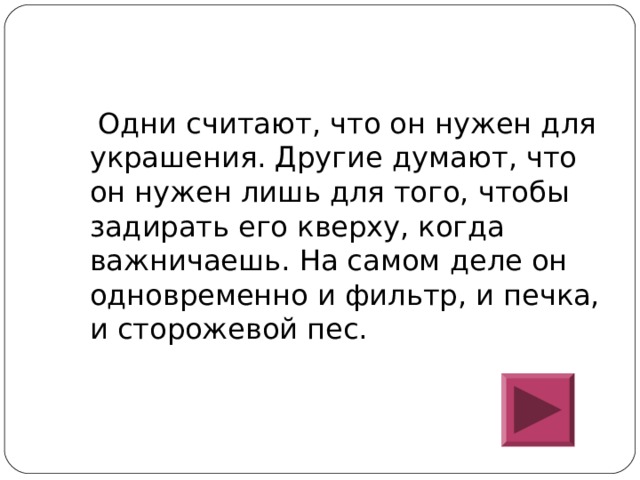  Одни считают, что он нужен для украшения. Другие думают, что он нужен лишь для того, чтобы задирать его кверху, когда важничаешь. На самом деле он одновременно и фильтр, и печка, и сторожевой пес. 