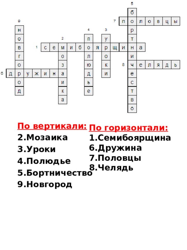 По вертикали: 2.Мозаика 3.Уроки 4.Полюдье 5.Бортничество 9.Новгород  По горизонтали: 1.Семибоярщина 6.Дружина 7.Половцы 8.Челядь 