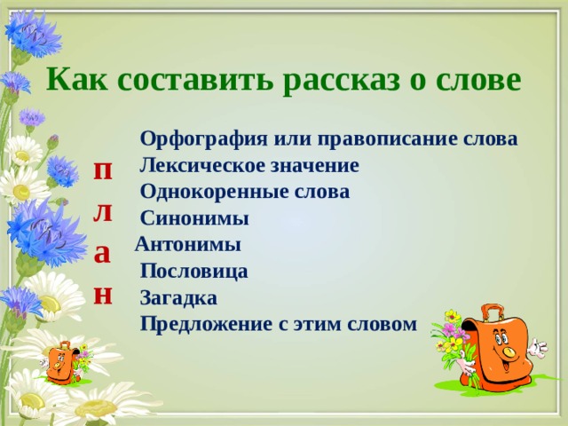  Как составить рассказ о слове   Орфография или правописание слова  Лексическое значение  Однокоренные слова  Синонимы  Антонимы  Пословица  Загадка  Предложение с этим словом план 