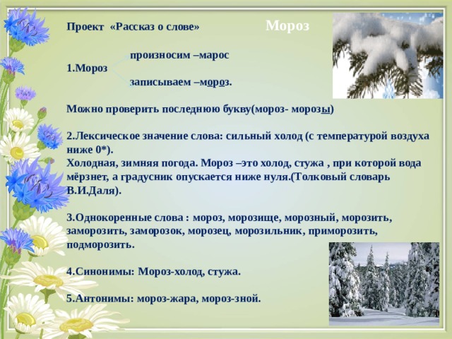 Проект «Рассказ о слове» Мороз   произносим –марос 1.Мороз  записываем –м о р о з.  Можно проверить последнюю букву(мороз- мороз ы )  2.Лексическое значение слова: сильный холод (с температурой воздуха ниже 0*). Холодная, зимняя погода. Мороз –это холод, стужа , при которой вода мёрзнет, а градусник опускается ниже нуля.(Толковый словарь В.И.Даля).  3.Однокоренные слова : мороз, морозище, морозный, морозить, заморозить, заморозок, морозец, морозильник, приморозить, подморозить.  4.Синонимы: Мороз-холод, стужа.  5.Антонимы: мороз-жара, мороз-зной.     