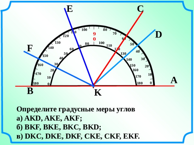 E C 100 80 D 110 70 90 120 60 130 100 80 50 F 110 70 140 120 60 40 130 50 150 40 30 140 30 160 150 20 160 20 170 10 А 170 10 0 180  180 0 B K № 1 620 .  Математика 5 класс. Н.Я.Виленкин. Определите градусные меры углов a) AKD, AKE, AKF; б) BKF, BKE, BKC, BKD; в) DKC, DKE, DKF, CKE, CKF, EKF. 9 