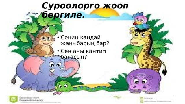 Суроолорго жооп бергиле. Сенин кандай жаныбарың бар? Сен аны кантип багасың? 
