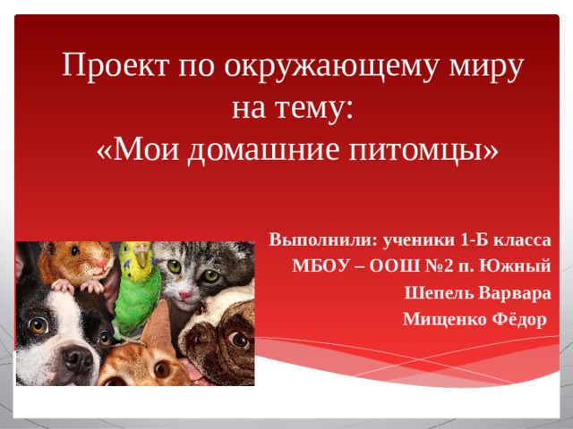 Проект по окружающему миру  на тему:  «Мои домашние питомцы»  Выполнили: ученики 1-Б класса МБОУ – ООШ №2 п. Южный Шепель Варвара Мищенко Фёдор 