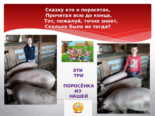 Сказку кто о поросятах,  Прочитал всю до конца,  Тот, пожалуй, точно знает,  Сколько было их тогда?    Эти Три  поросёнка Из Нашей Сказки. 