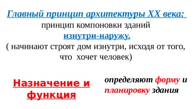 Главный принцип архитектуры XX века: принцип компоновки зданий изнутри-наружу. ( начинают строят дом изнутри, исходя от того, что хочет человек) определяют форму и планировку здания Назначение и функция 