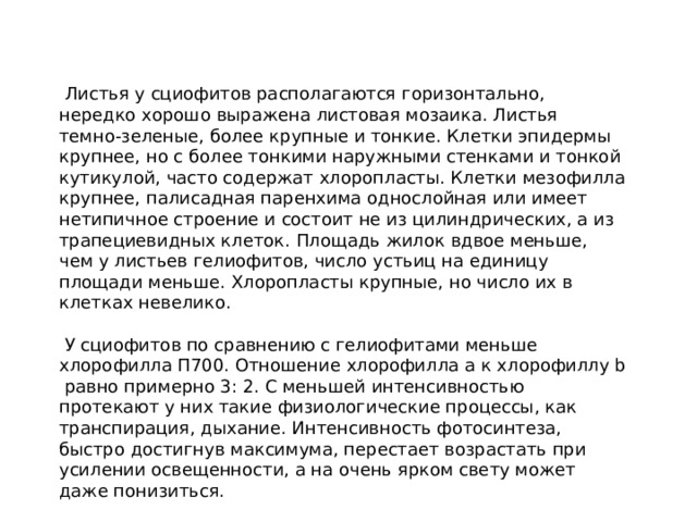  Листья у сциофитов располагаются горизонтально, нередко хорошо выражена листовая мозаика. Листья темно‑зеленые, более крупные и тонкие. Клетки эпидермы крупнее, но с более тонкими наружными стенками и тонкой кутикулой, часто содержат хлоропласты. Клетки мезофилла крупнее, палисадная паренхима однослойная или имеет нетипичное строение и состоит не из цилиндрических, а из трапециевидных клеток. Площадь жилок вдвое меньше, чем у листьев гелиофитов, число устьиц на единицу площади меньше. Хлоропласты крупные, но число их в клетках невелико.  У сциофитов по сравнению с гелиофитами меньше хлорофилла П700. Отношение хлорофилла а к хлорофиллу b равно примерно 3: 2. С меньшей интенсивностью протекают у них такие физиологические процессы, как транспирация, дыхание. Интенсивность фотосинтеза, быстро достигнув максимума, перестает возрастать при усилении освещенности, а на очень ярком свету может даже понизиться. 