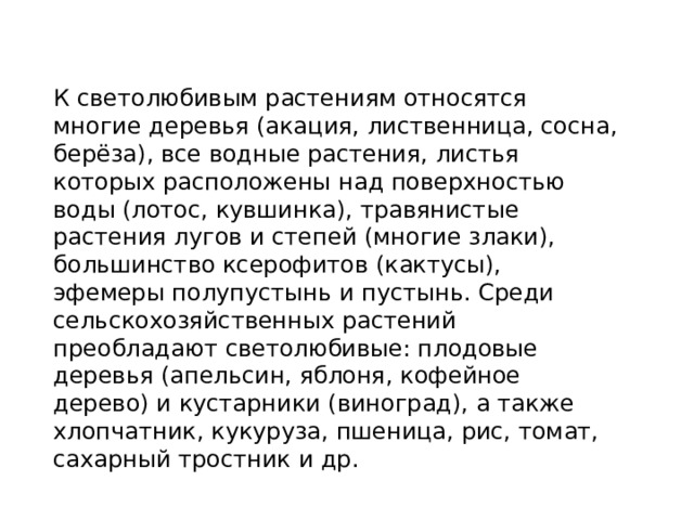 К светолюбивым растениям относятся многие деревья (акация, лиственница, сосна, берёза), все водные растения, листья которых расположены над поверхностью воды (лотос, кувшинка), травянистые растения лугов и степей (многие злаки), большинство ксерофитов (кактусы), эфемеры полупустынь и пустынь. Среди сельскохозяйственных растений преобладают светолюбивые: плодовые деревья (апельсин, яблоня, кофейное дерево) и кустарники (виноград), а также хлопчатник, кукуруза, пшеница, рис, томат, сахарный тростник и др. 