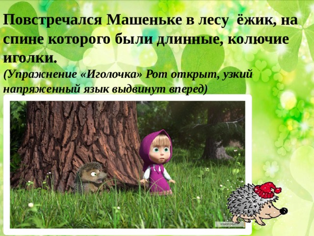 Повстречался Машеньке в лесу ёжик, на спине которого были длинные, колючие иголки. (Упражнение «Иголочка» Рот открыт, узкий напряженный язык выдвинут вперед)    