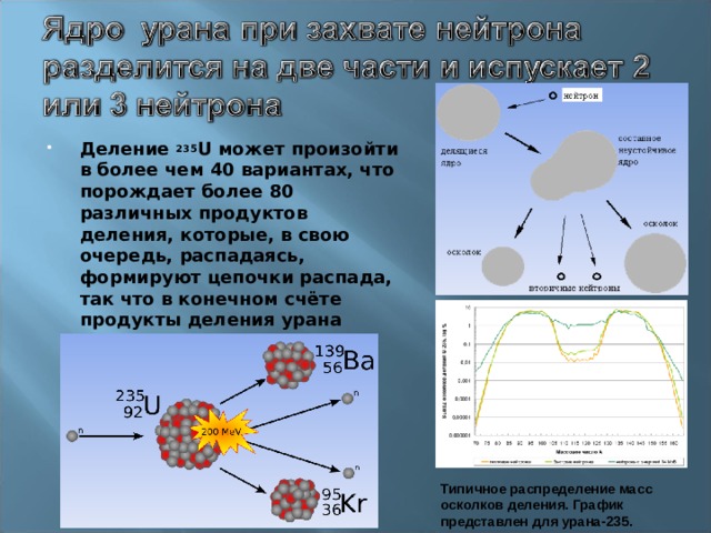 Деление  235 U может произойти в более чем 40 вариантах, что порождает более 80 различных продуктов деления, которые, в свою очередь, распадаясь, формируют цепочки распада, так что в конечном счёте продукты деления урана включают около 200 нуклидов.  Типичное распределение масс осколков деления. График представлен для урана-235. 