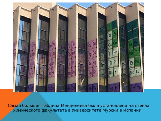 Самая большая таблица Менделеева была установлена на стенах химического факультета в Университете Мурсии в Испании. 