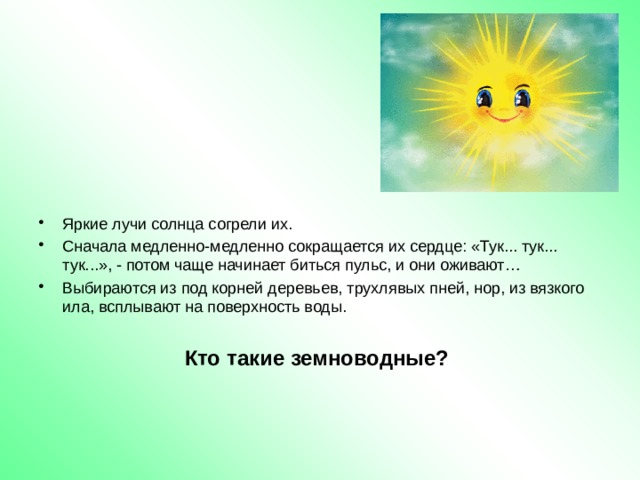 Яркие лучи солнца согрели их. Сначала медленно-медленно сокращается их сердце: «Тук... тук... тук...», - потом чаще начинает биться пульс, и они оживают… Выбираются из под корней деревьев, трухлявых пней, нор, из вязкого ила, всплывают на поверхность воды. Кто такие земноводные? 