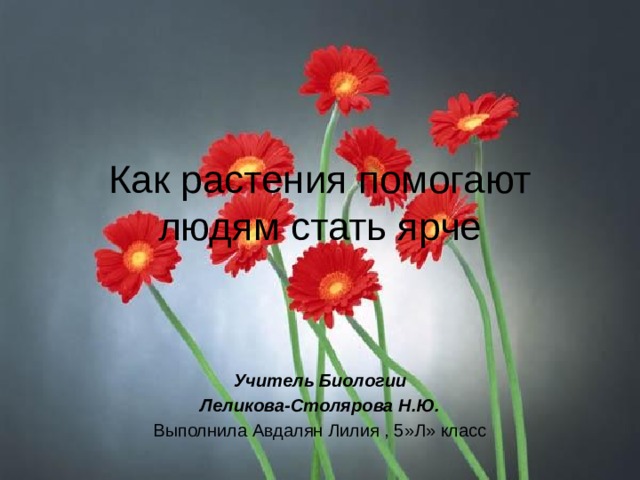 Как растения помогают людям стать ярче Учитель Биологии Леликова-Столярова Н.Ю. Выполнила Авдалян Лилия , 5»Л» класс 