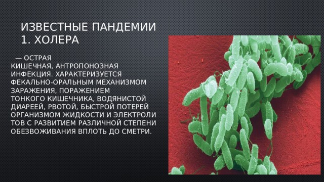 Известные пандемии  1. Холера — острая кишечная, антропонозная инфекция. Характеризуется фекально-оральным механизмом заражения, поражением тонкого кишечника, водянистой диареей, рвотой, быстрой потерей организмом жидкости и электролитов с развитием различной степени обезвоживания вплоть до сметри. 