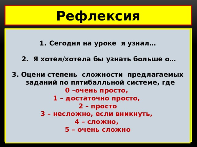 Рефлексия  Сегодня на уроке я узнал…   2. Я хотел/хотела бы узнать больше о…  3. Оцени степень сложности предлагаемых заданий по пятибалльной системе, где 0 –очень просто, 1 – достаточно просто, 2 – просто 3 – несложно, если вникнуть, 4 – сложно, 5 – очень сложно 