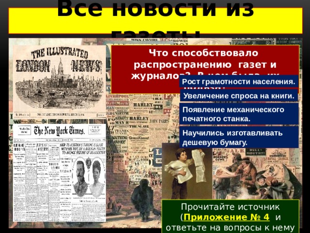 Все новости из газеты Что способствовало распространению газет и журналов? В чем была их польза? Рост грамотности населения. Увеличение спроса на книги. Появление механического печатного станка. Научились изготавливать дешевую бумагу. Прочитайте источник ( Приложение № 4 и ответьте на вопросы к нему 