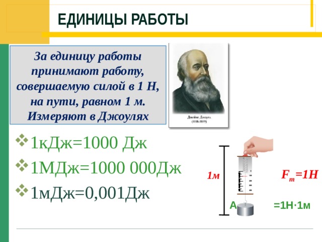 Единицы работы За единицу работы принимают работу, совершаемую силой в 1 Н, на пути, равном 1 м. Измеряют в Джоулях 1кДж=1000 Дж 1МДж=1000 000Дж 1мДж=0,001Дж F т =1Н 1м А = 1 Дж=1Н ·1м 