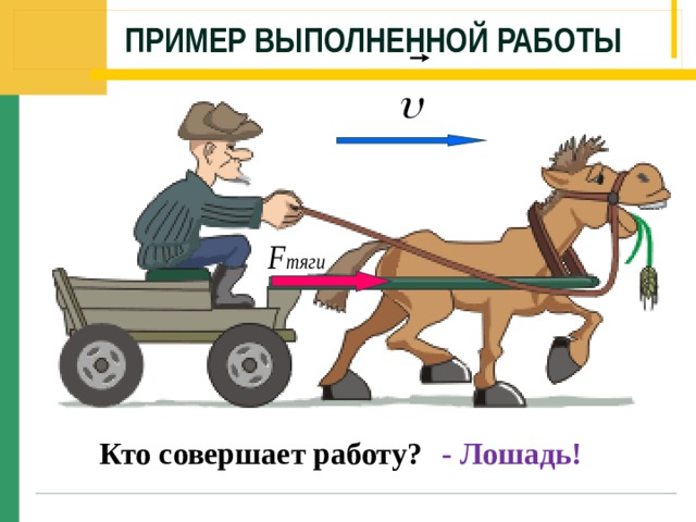 Пример выполненной работы Слайд 4. Рассмотрим пример. Лошадь, тянущая телегу, действует на неё с некоторой силой (щелчок мышью). Обозначим ее F тяги . Телега движется вправо (щелчок мышью), то есть вдоль направления силы тяги лошади. Поэтому в физике говорят, что F тяги совершает над телегой механическую работу. Кто совершает работу? - Лошадь!  