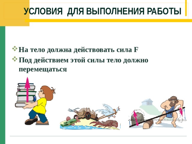 Условия для выполнения работы На тело должна действовать сила F Под действием этой силы тело должно перемещаться 