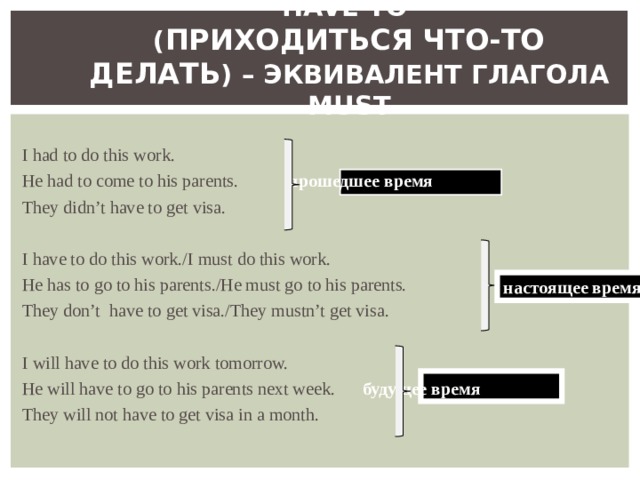 HAVE TO  ( ПРИХОДИТЬСЯ ЧТО-ТО ДЕЛАТЬ ) – ЭКВИВАЛЕНТ ГЛАГОЛА MUST I had to do this work. He had to come to his parents. прошедшее время They didn’t have to get visa. I have to do this work./I must do this work. He has to go to his parents./He must go to his parents.  They don’t have to get visa./They mustn’t get visa. I will have to do this work tomorrow. He will have to go to his parents next week.  будущее время They will not have to get visa in a month. настоящее время 
