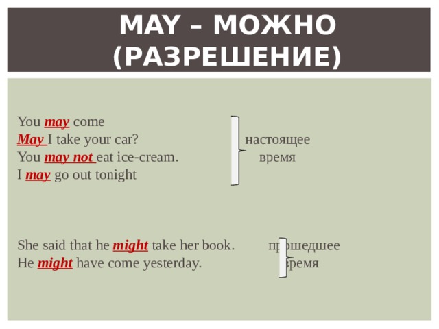 MAY – МОЖНО (РАЗРЕШЕНИЕ) You may come May I take your car? настоящее You may not eat ice-cream. время I may go out tonight She said that he might take her book.  прошедшее He might have come yesterday. время 